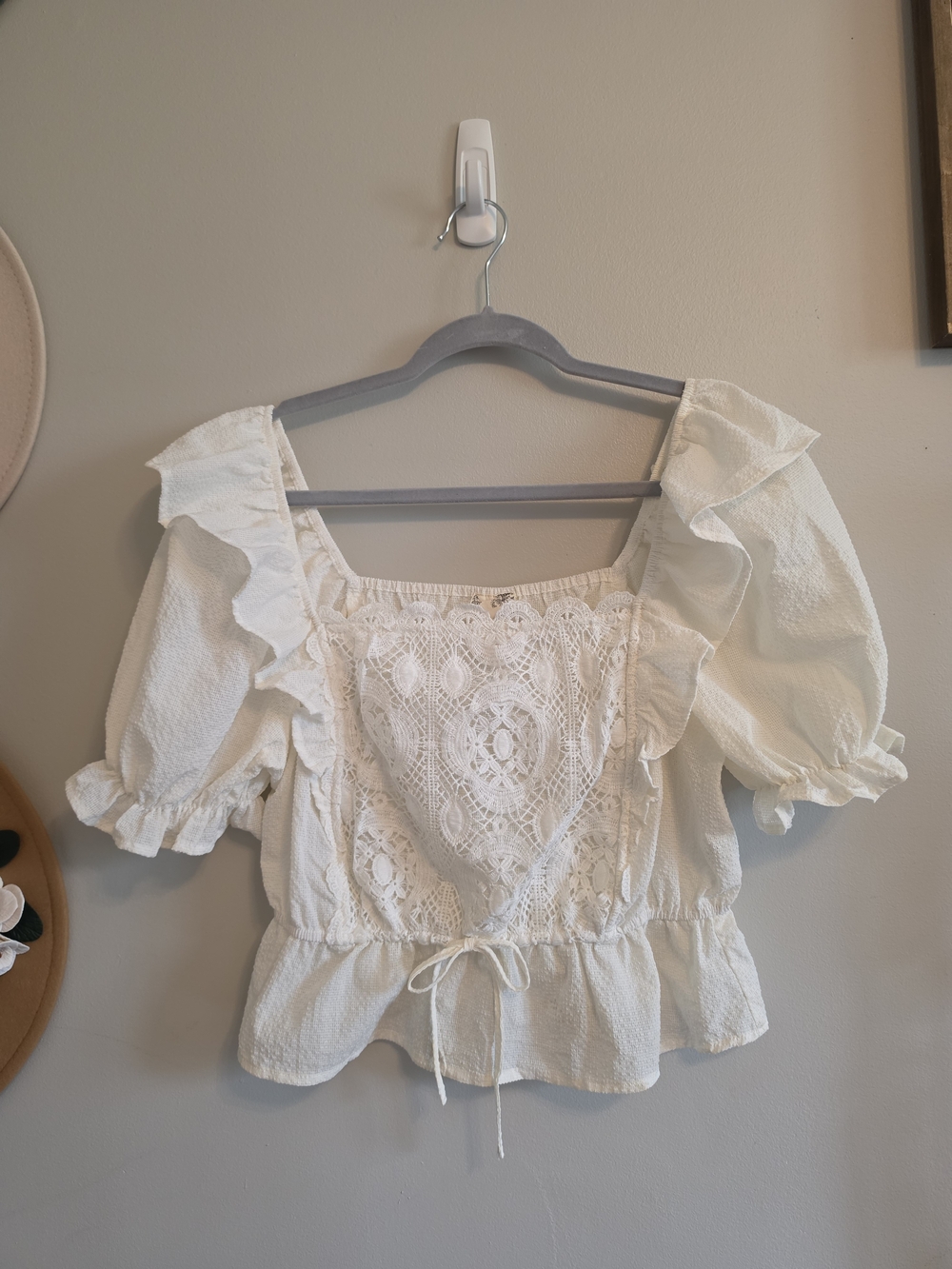 White Lace-Front Ruffled Peasant Top